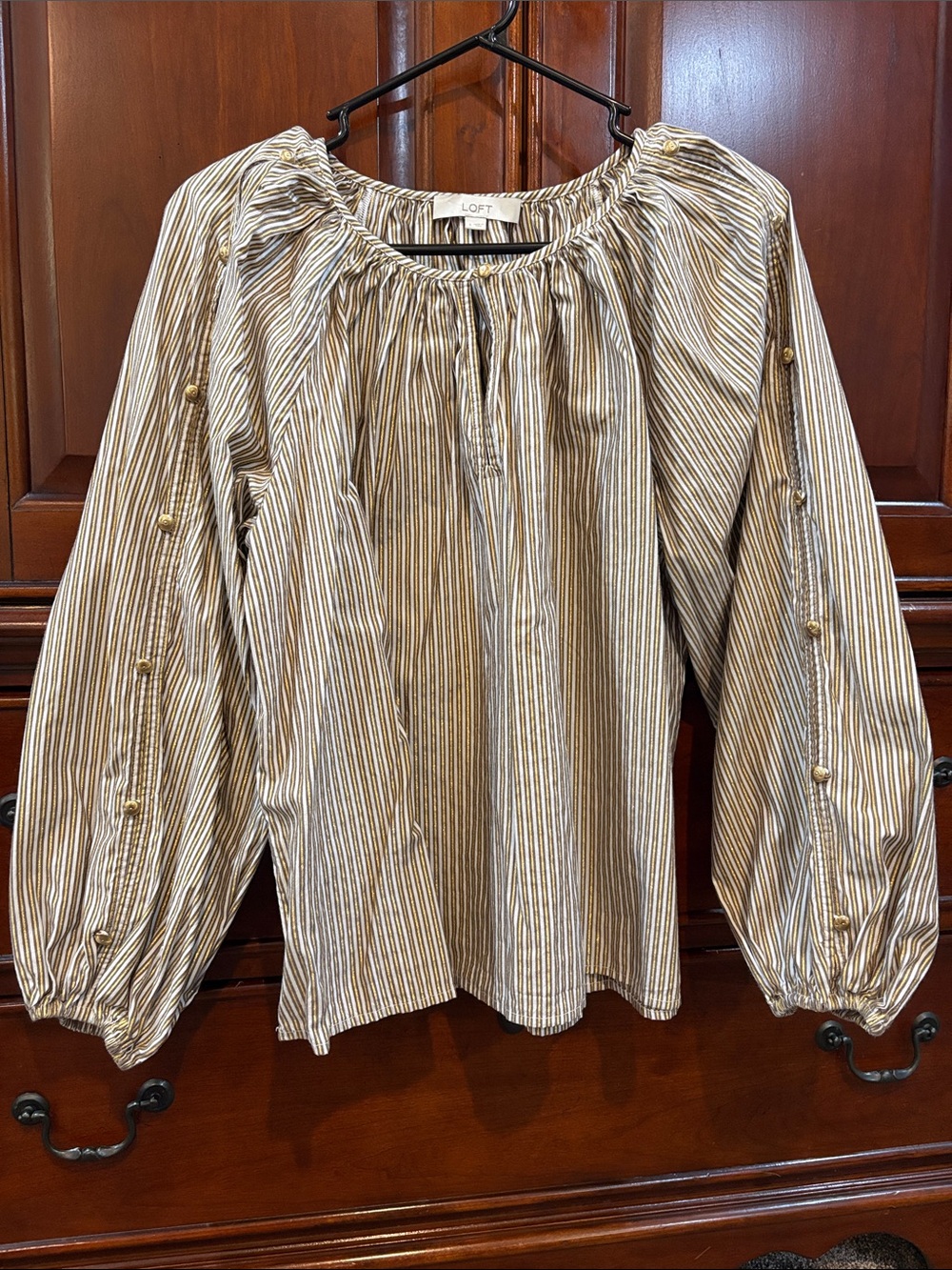 LOFT Cream and Brown Striped Balloon-Sleeve Blouse